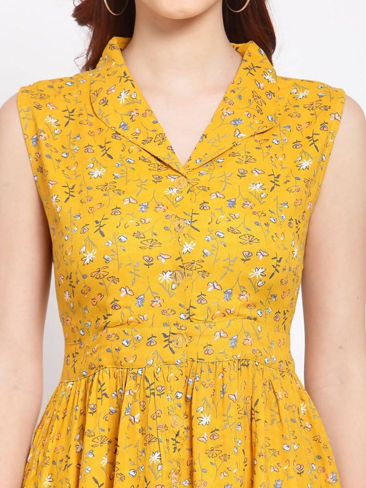 Myshka Women's Mustard Printed Rayon Sleeveless Collar Neck Casual Dress