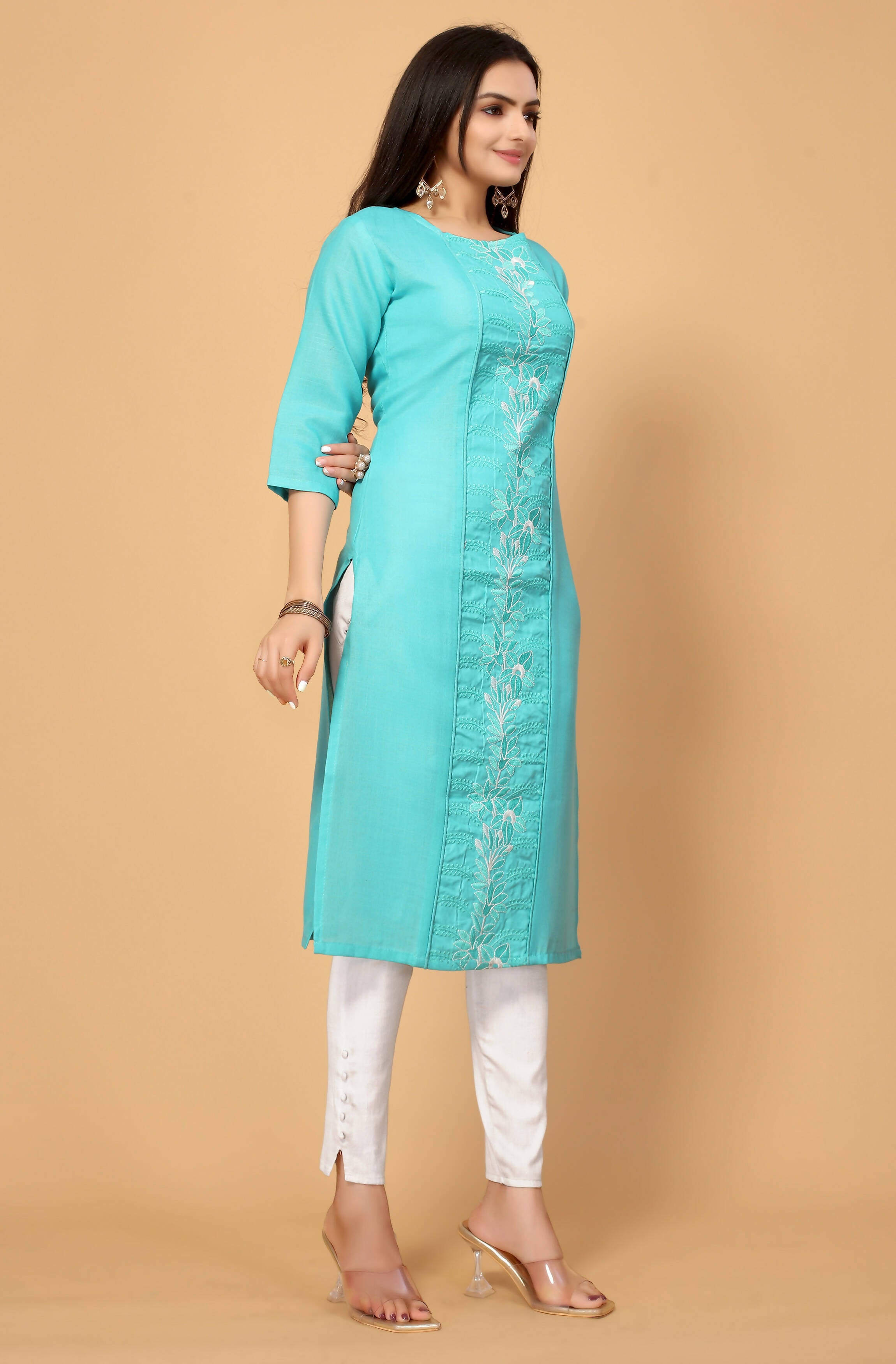Light Green Cottan Slub Embroidery Kurti - Umi - Distacart