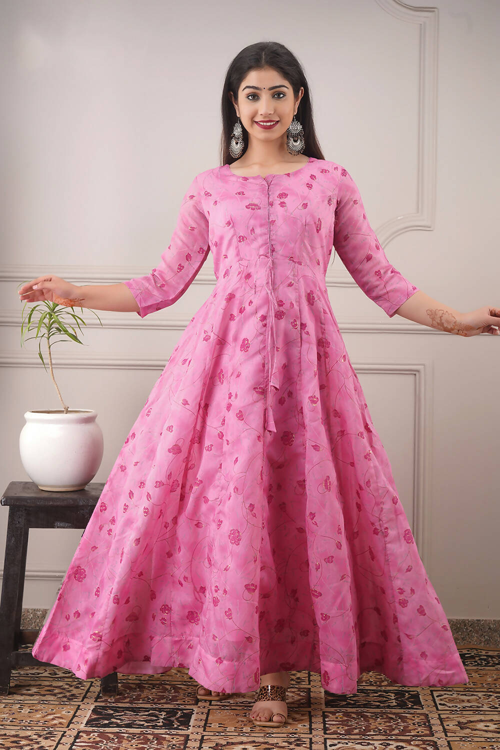 Partywear Designer Hand Screen and Foil Print pink Pure chanderi Gown - Anbazaar - Distacart