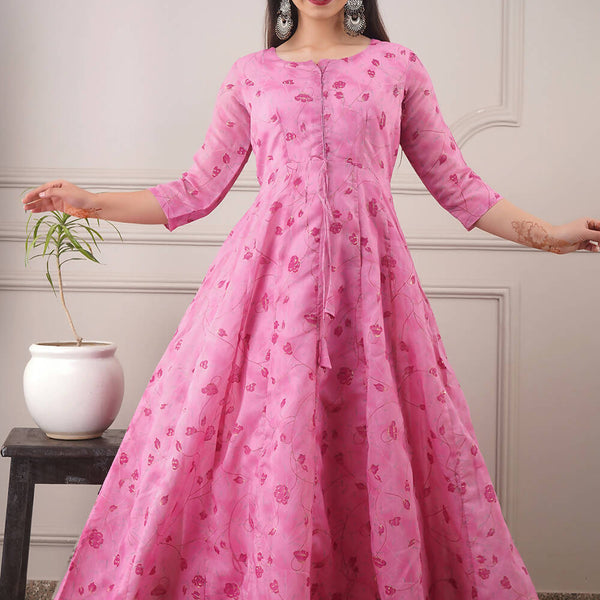 Partywear Designer Hand Screen and Foil Print pink Pure chanderi Gown - Anbazaar - Distacart