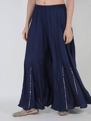 Mominos Fashion Navy Blue Viscose Rayon Flared Palazzo with Mirror Lace Work - Distacart