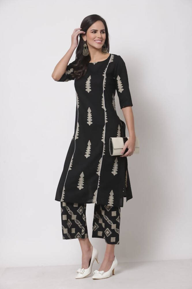 Myshka Women's Black Cotton Blend Printed 3/4 Sleeve Round Neck Casual Kurta & Palazzo Set