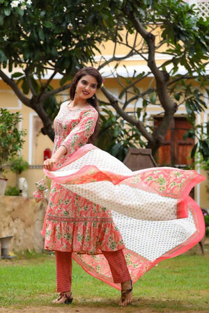 Yufta Pink Printed Tiered Kurta with Trouser and Dupatta