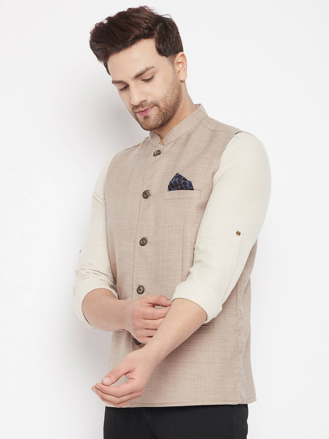 Even Apparels Cream Linen Men's Nehru Jacket-Contrast Lining-Inbuilt Pocket Square - Distacart