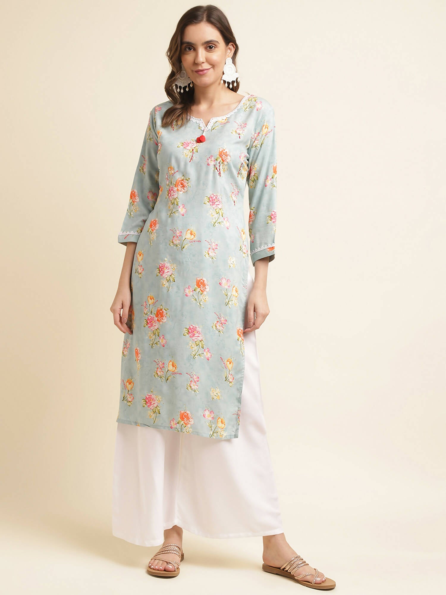 Blue Poly Rayon Floral Printed Straight Kurta - Prasuti - Distacart