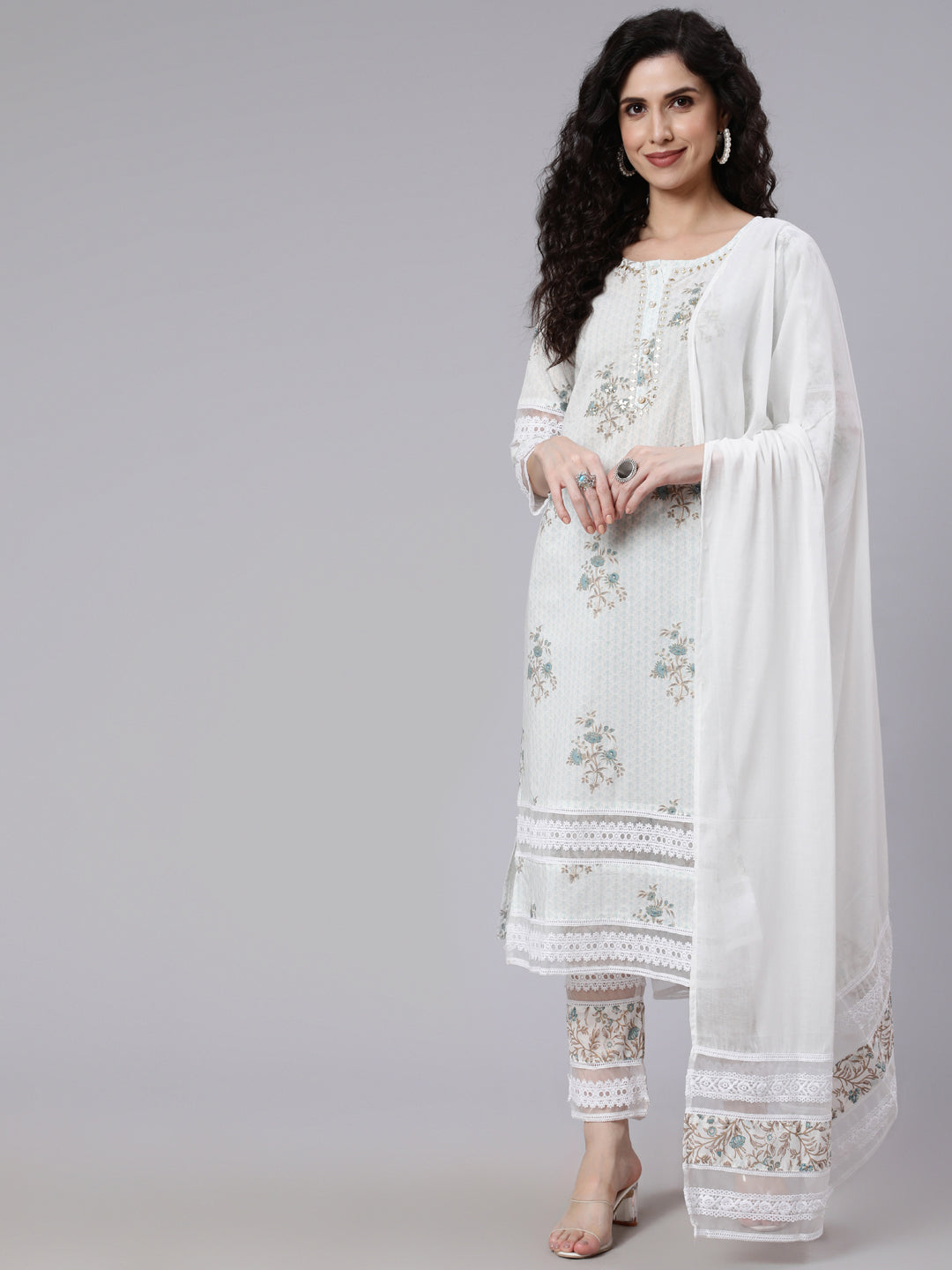 NOZ2TOZ Women Off- White Embroidered Straight Kurta With Traouser And Dupatta - Distacart