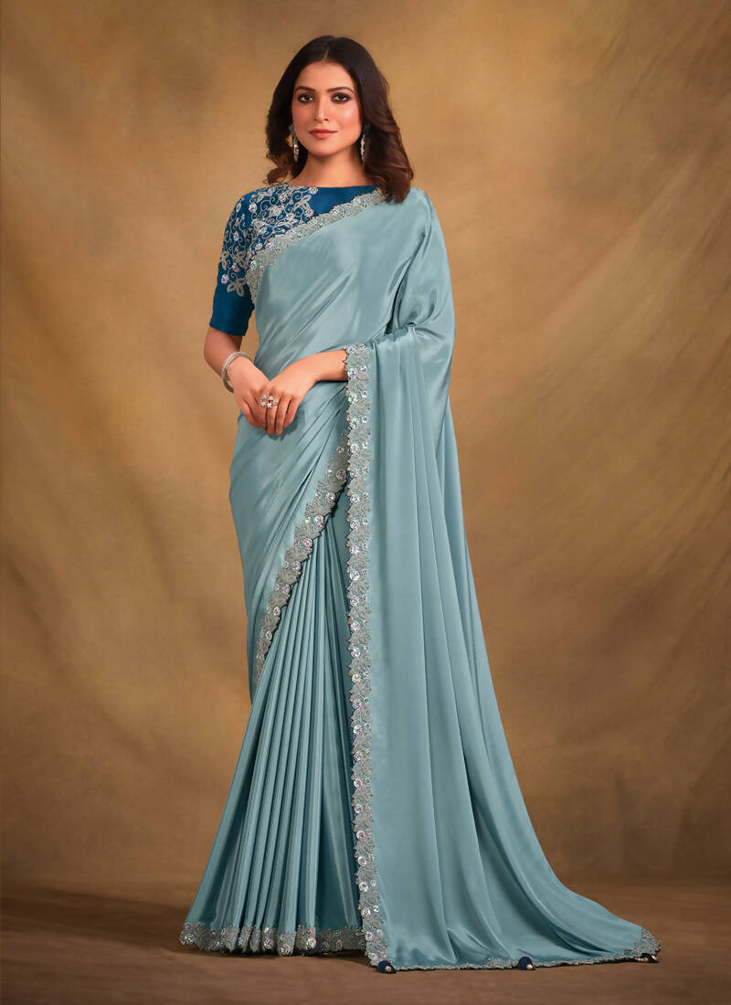 Light Blue Crepe Georgette Silk Designer Saree with Unstitched Blouse - Norita Mahitha - Distacart