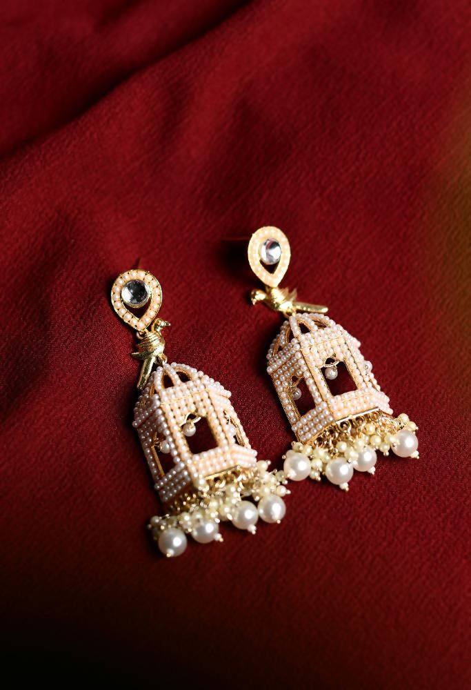 Tehzeeb Creations Oxidised Earrings With Golden Pearl And Bird Design
