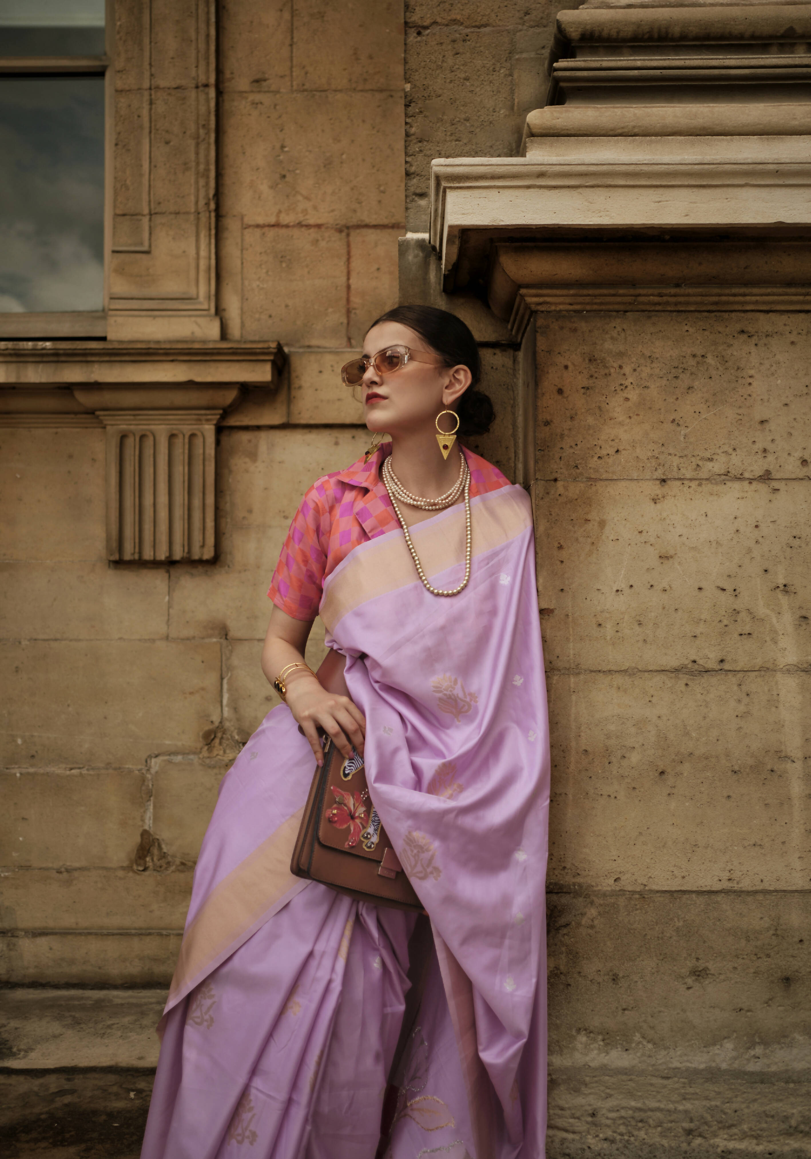 Crocus Purple & Peachsoft Handloom Sik Zari & Thread Work, Contrast Pallu Saree - Rajtex Kube Silk - Distacart