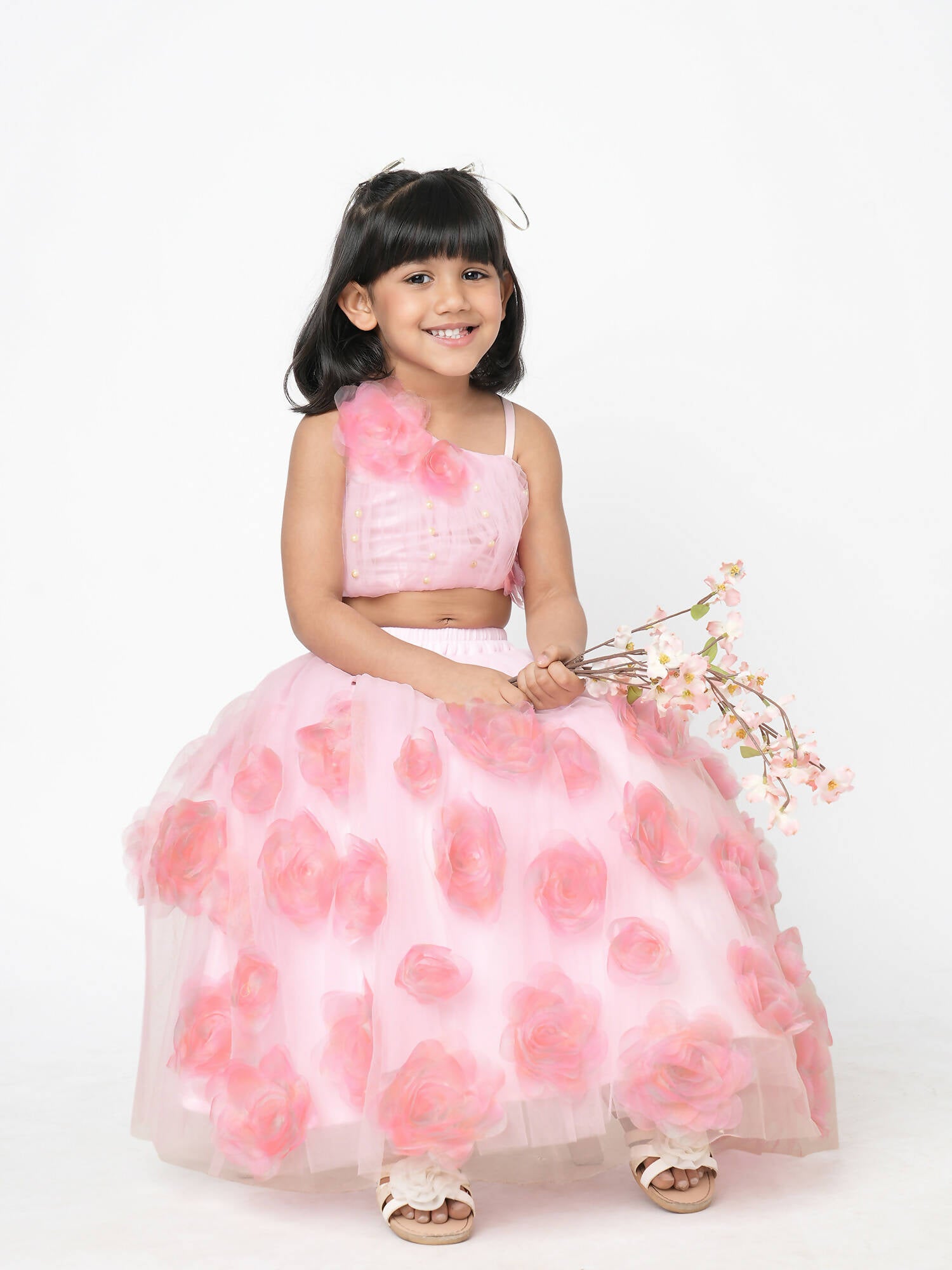 Lil Drama Paris Nights Girls Pink 3D Flower Embellished Lehanga Top - Distacart