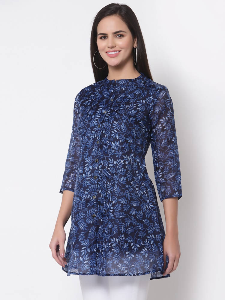 Myshka Women's Trendy Organza Printed Printed 3/4 Sleeve Round Neck Casual Multicolor Tunic