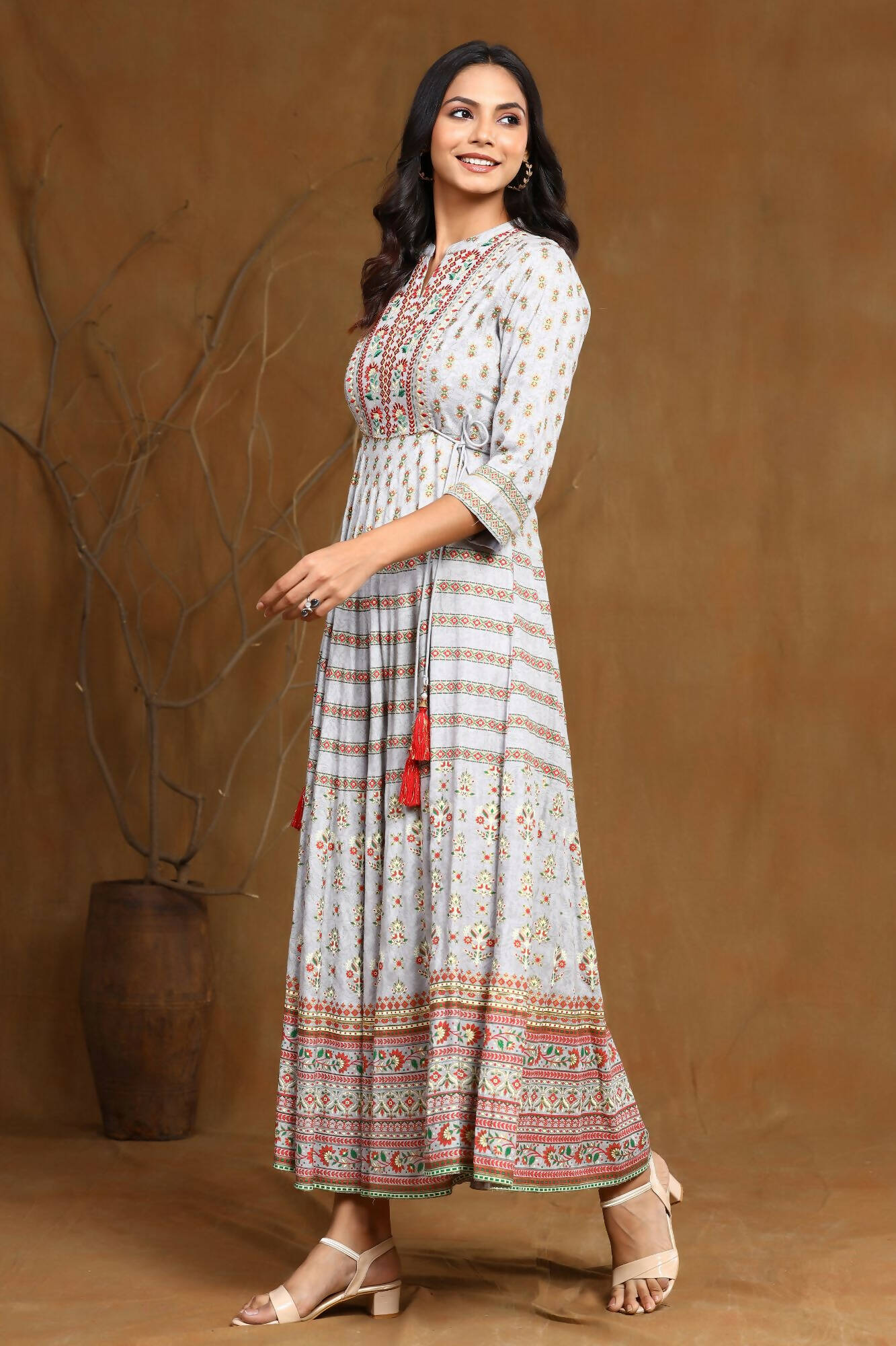 Juniper Women Grey Rayon Embroidered Flared Dress - Distacart