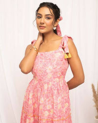 Thumbnail for FIORRA Women's Peach Cotton Floral Printed Western Dress - Distacart