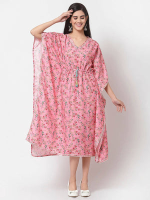 Myshka Women's Pink Polyester Printed Full Sleeve V Neck Casual Kaftaan