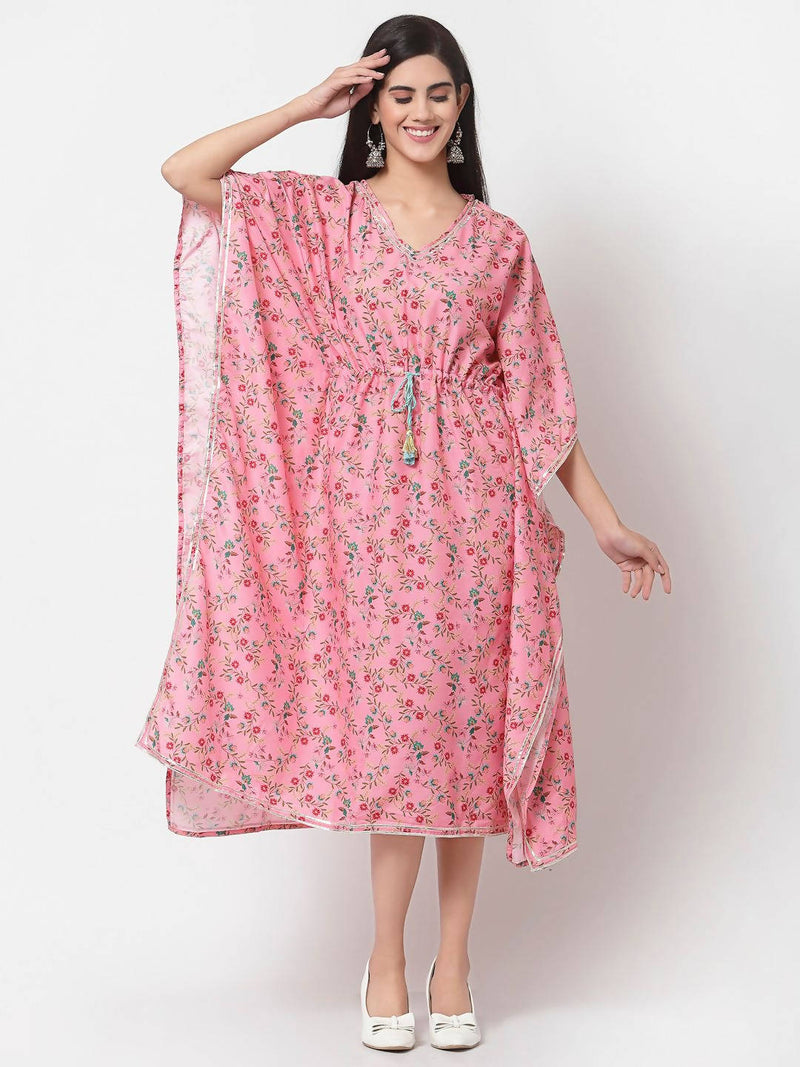 Myshka Women&#39;s Pink Polyester Printed Full Sleeve V Neck Casual Kaftaan