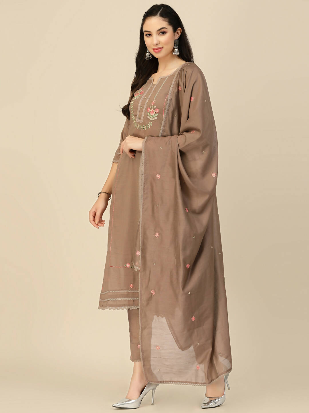 Brown Embroidered Chinon Straight Kurta With Trouser & Dupatta - Salimar - Distacart