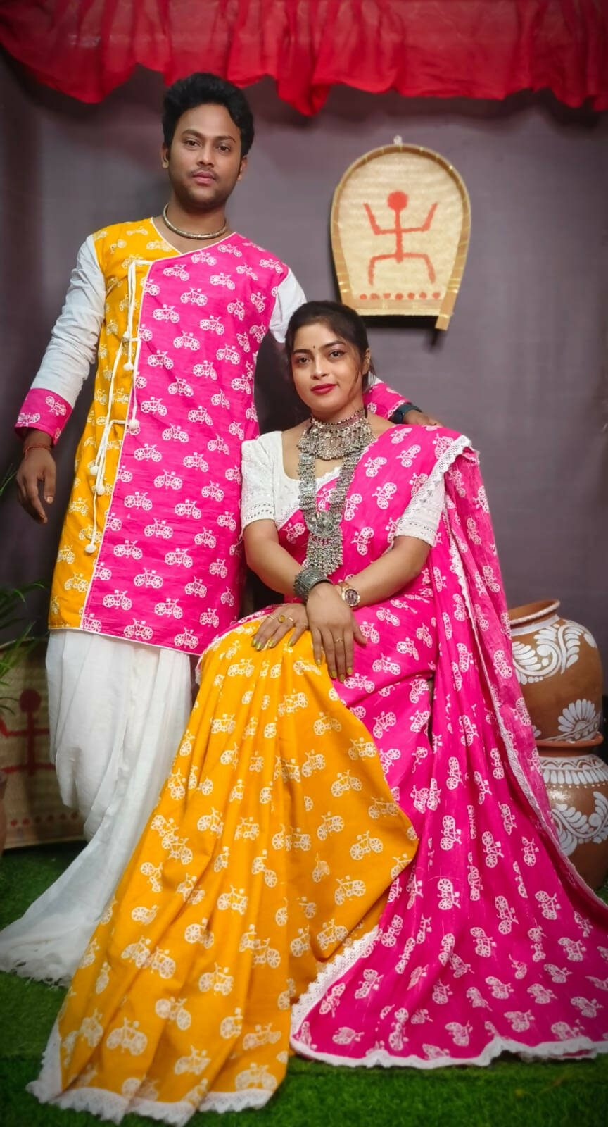 Exclusive Collection Saree With Blouse Piece For Women And Men's Kurta - Yellow - Distacart