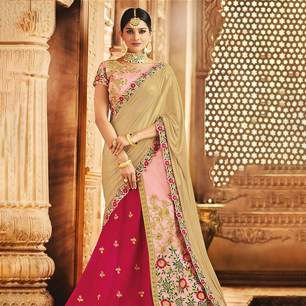 Pink Raw Silk Thread Zari And Sequins Embroidery Semi-Stitched Lehenga Saree - Mohmanthan Dezzy - Distacart