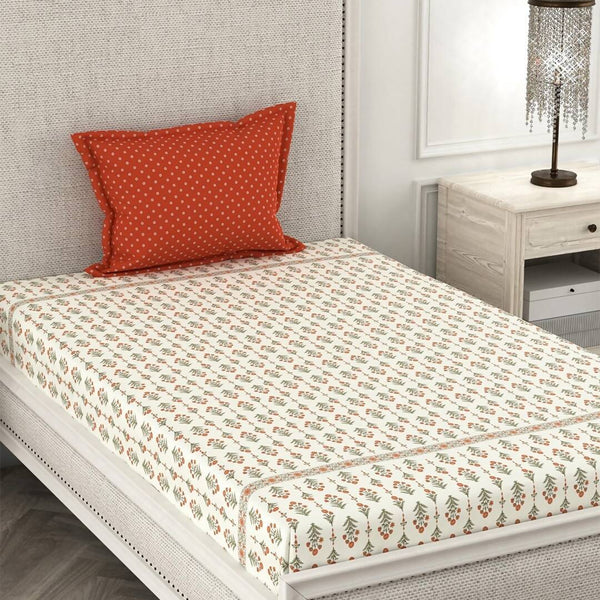 CHHAVI INDIA Cream-Coloured & Orange Floral Ultra Soft 210 TC Bedsheet with Pillow Covers - Distacart