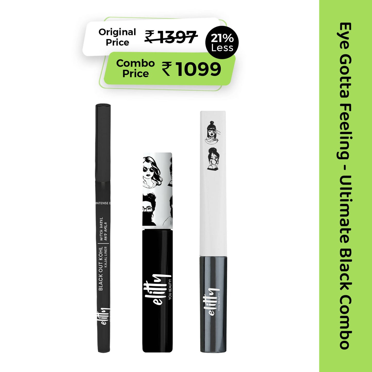 Elitty Eye Gotta Feeling Ultimate Black 3 in 1 Eyeliner, Kajal, Mascara Combo - Distacart