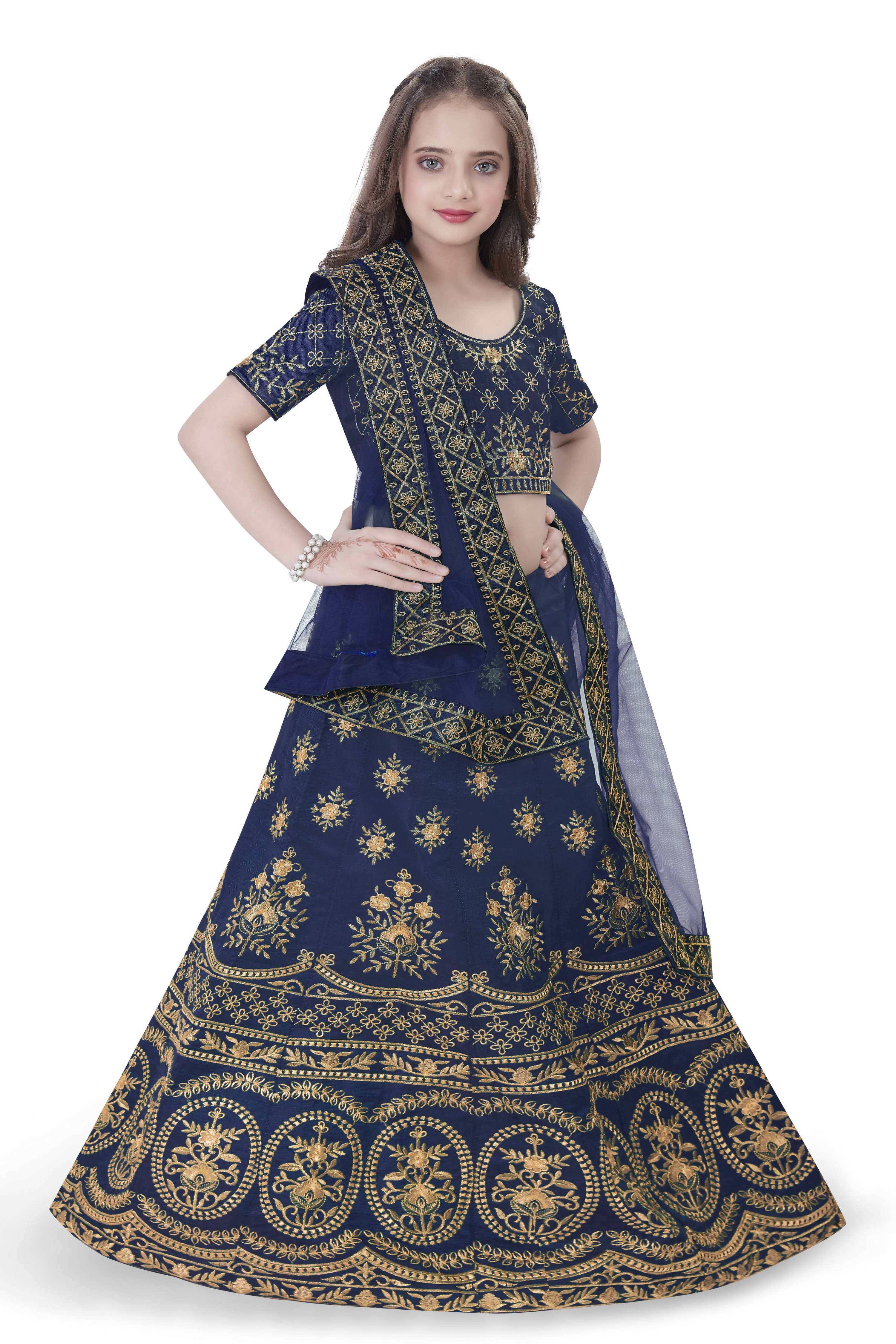Dwiden Navy Blue Lehriyu Tafetta Sattin Semi-Stitched Girl's Lehenga Choli - Distacart