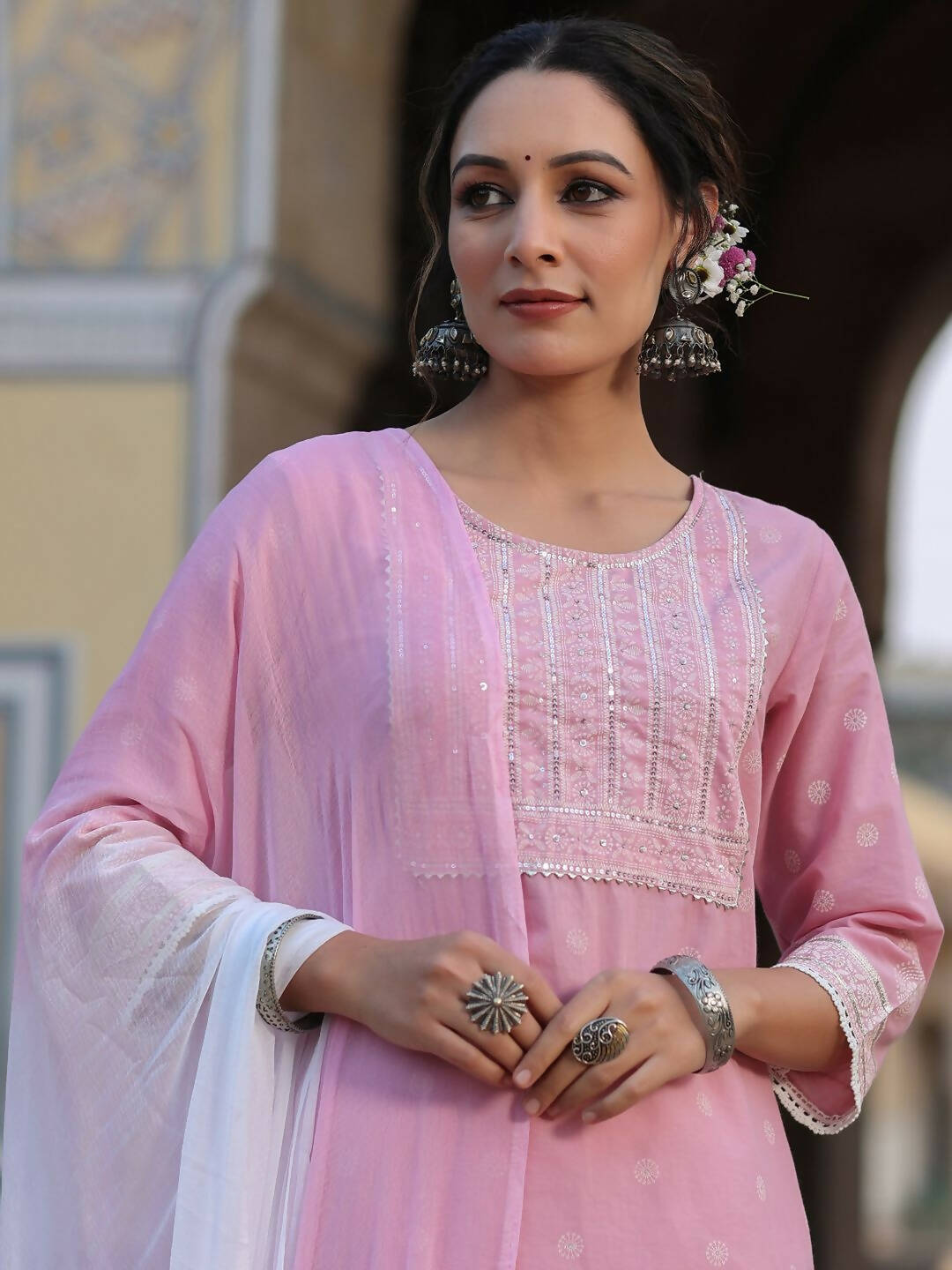 Juniper Women's Pink Cambric Floral Print Kurta Sharara Sets - Distacart
