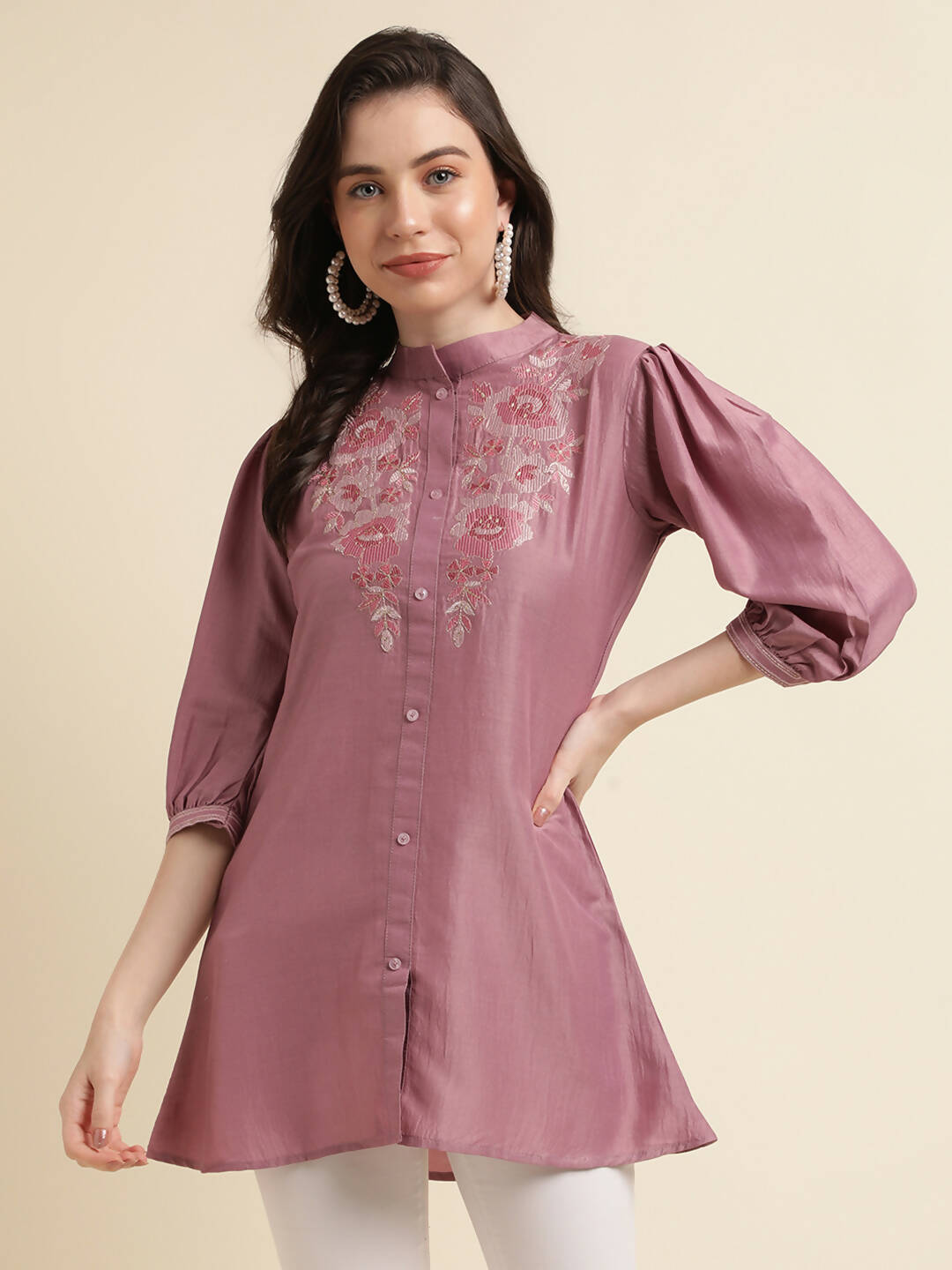 Dust Pink Chinon Yoke Embroidered A-line Top - Tarini - Distacart