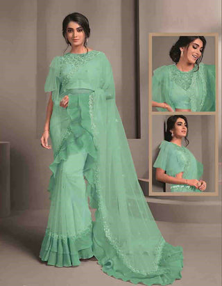 Pink Colored Net Embroidered Saree With Unstitched Blouse - Norita Raissa - Distacart