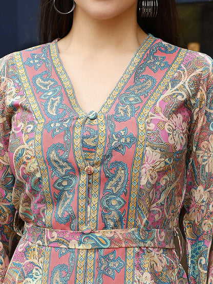 Pink Rayon Paisley & Floral Printed Top with Matching Bottom - Eesha - Distacart