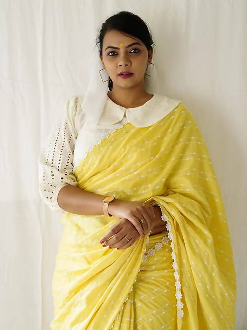 Diva Globe Customised Yellow Linen Saree With Flowers - Distacart