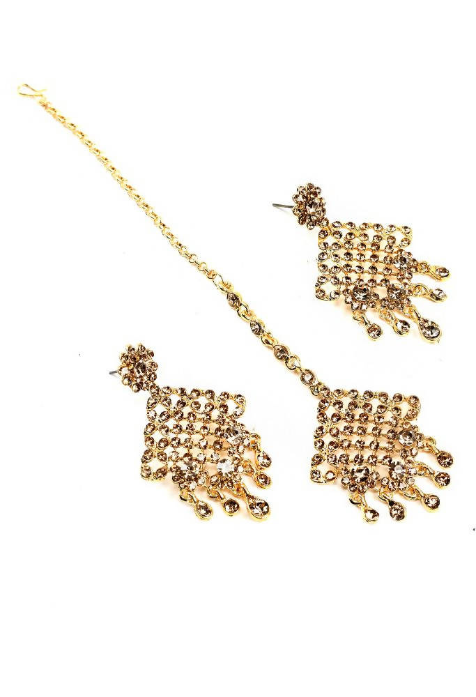 Tehzeeb Creations Golden Colour Necklace Earrings And Tikka With Diamond Studded