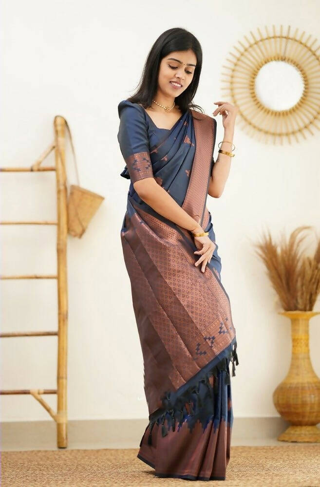 DEIANA'S Beautiful Golden Jari with New Design Soft Lichi Silk Saree - Navy Blue - Distacart