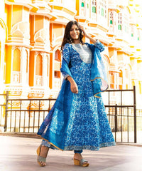 Thumbnail for Yufta Women Blue Printed Pure Cotton Anarkali Kurta with Trouser & With Dupatta