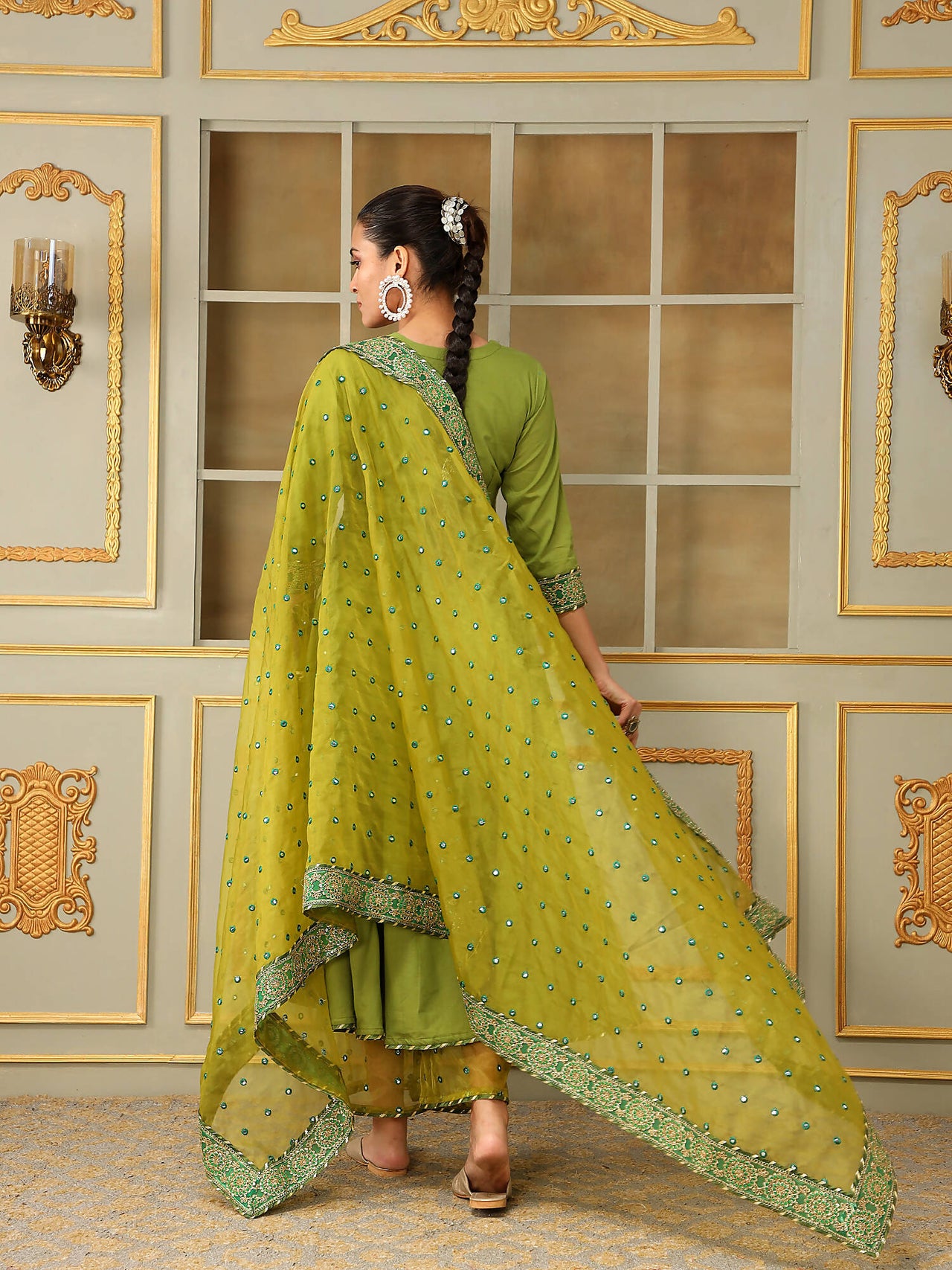Pomcha Jaipur Green Saadgi Mehendi Green Mirror Work Angrakha Set - Distacart