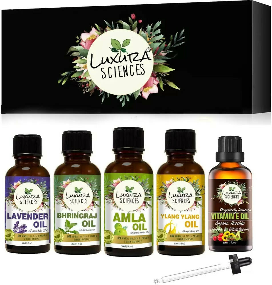 Luxura Sciences Organic Essential Oils for Hair Growth - Lavender Oil, Bhringraj Oil, Amla Oil, Ylang Ylang Oil, Vitamin E Oil - Distacart