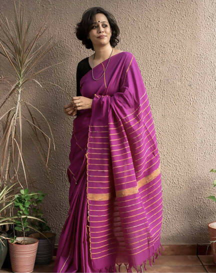 Exclusive Collection Khadi Cotton Handloom Khesh Saree With Blouse Piece - Purple - Distacart