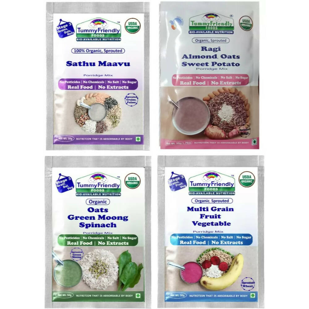 TummyFriendly Foods Certified Stage3 Porridge Mixes Trial Packs - Ragi, MultiGrain, Oats, Sathu Maavu for 8 Months Old Baby - Distacart