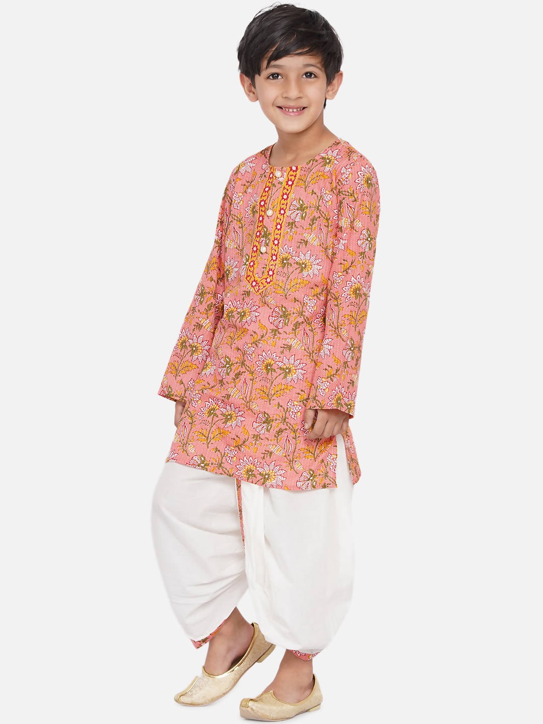 Little Bansi Bengali Kantha work floral kurta with Dhoti - Pink and White