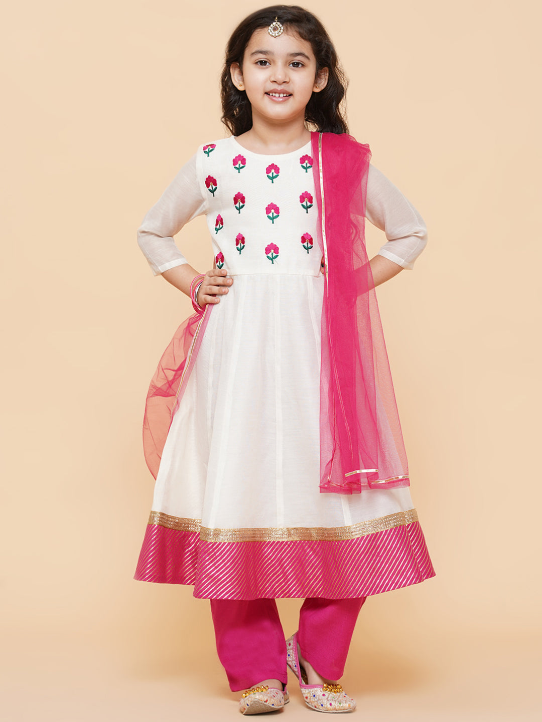 Girls White Embroidered Anarkali Kurta With Trouser & With Dupatta for Kids - Bhama - Distacart
