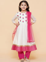 Thumbnail for Girls White Embroidered Anarkali Kurta With Trouser & With Dupatta for Kids - Bhama - Distacart