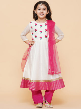 Girls White Embroidered Anarkali Kurta With Trouser & With Dupatta for Kids - Bhama - Distacart