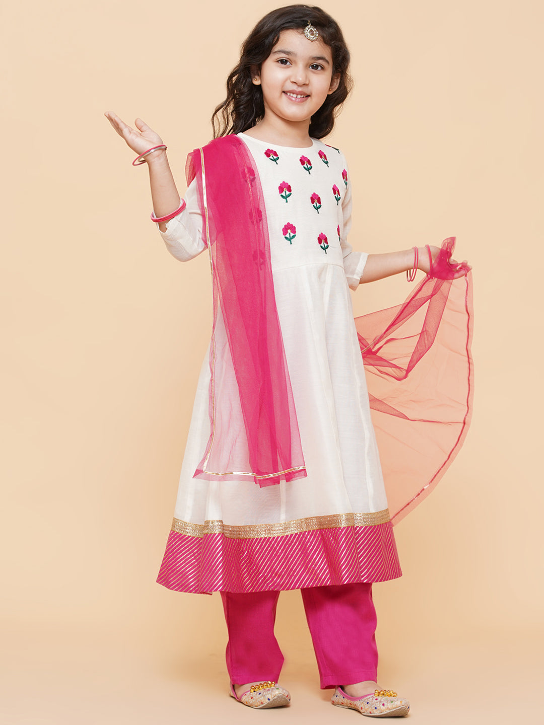 Girls White Embroidered Anarkali Kurta With Trouser & With Dupatta for Kids - Bhama - Distacart