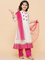 Thumbnail for Girls White Embroidered Anarkali Kurta With Trouser & With Dupatta for Kids - Bhama - Distacart