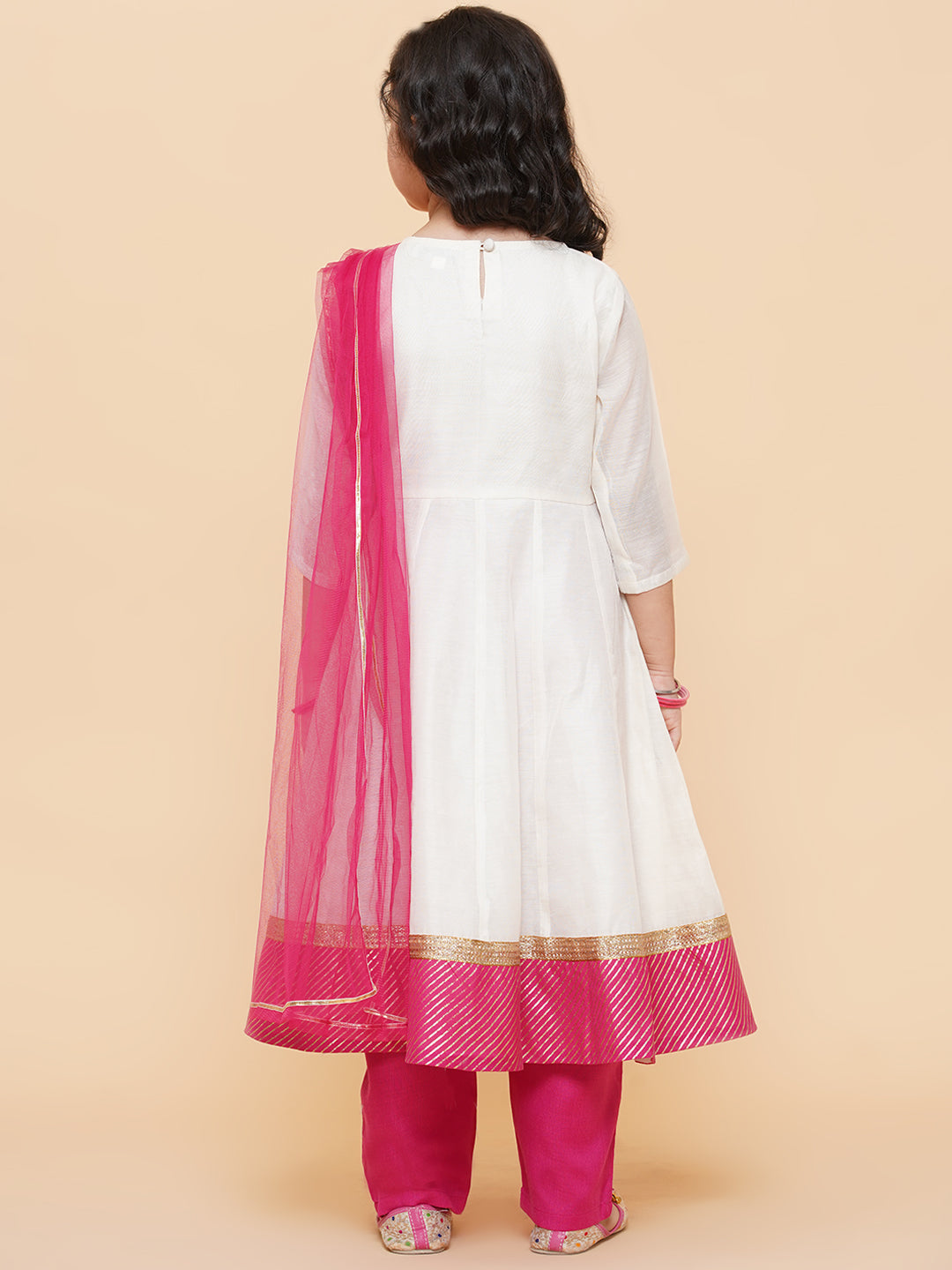 Girls White Embroidered Anarkali Kurta With Trouser & With Dupatta for Kids - Bhama - Distacart