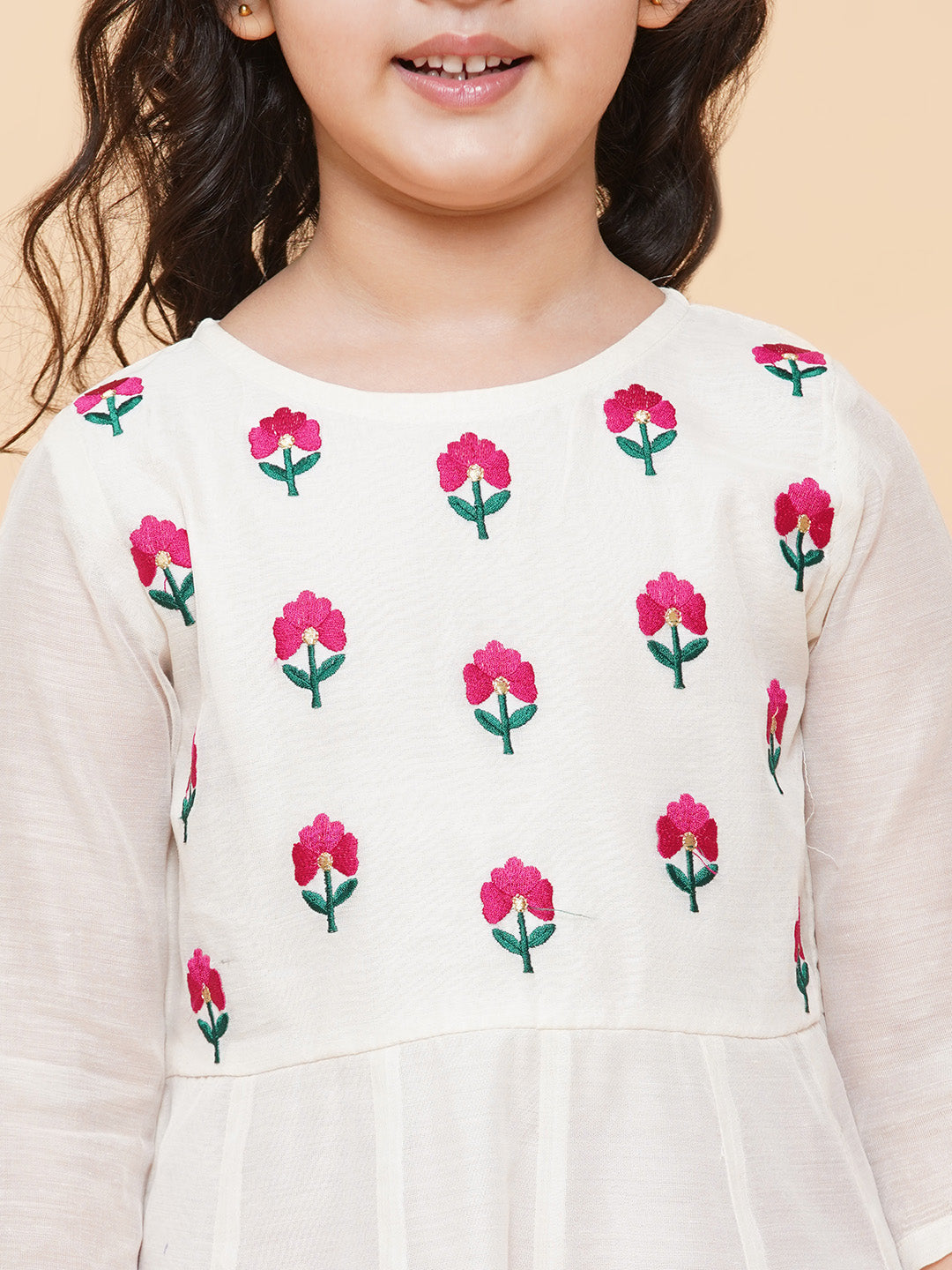Girls White Embroidered Anarkali Kurta With Trouser & With Dupatta for Kids - Bhama - Distacart