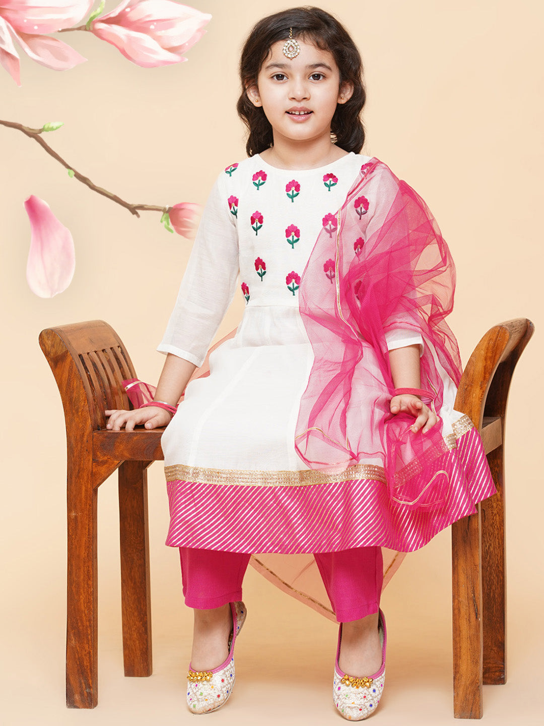 Girls White Embroidered Anarkali Kurta With Trouser & With Dupatta for Kids - Bhama - Distacart