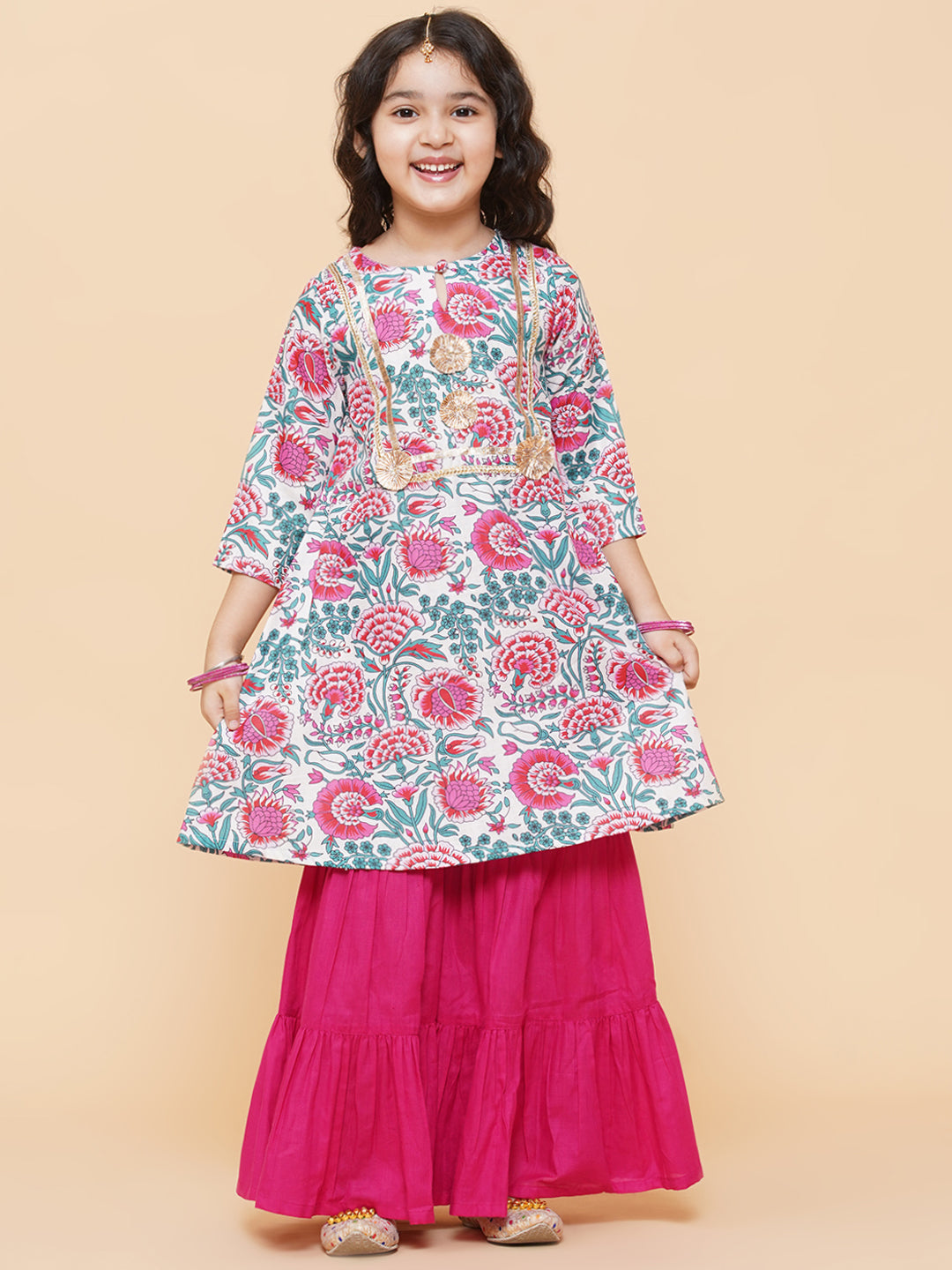 Girls White Floral Printed Kurta With Sharara for Kids - Bhama - Distacart