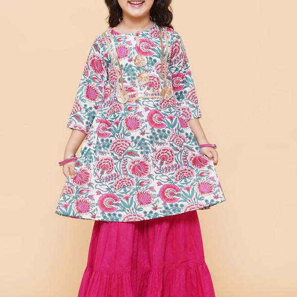 Girls White Floral Printed Kurta With Sharara for Kids - Bhama - Distacart