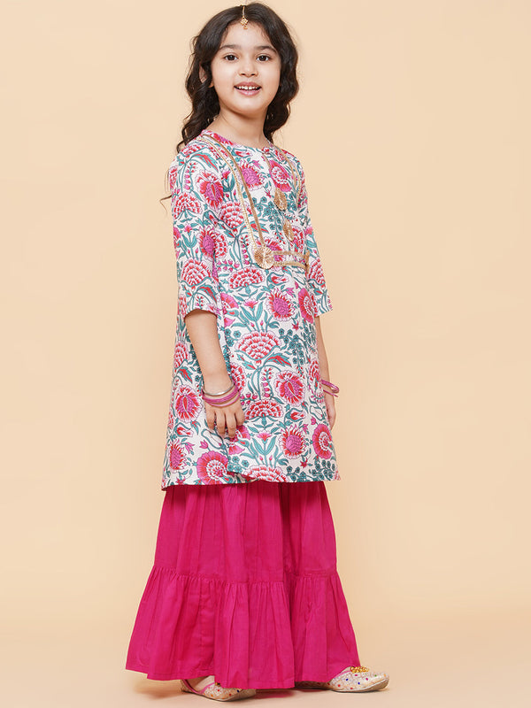 Girls White Floral Printed Kurta With Sharara for Kids - Bhama - Distacart