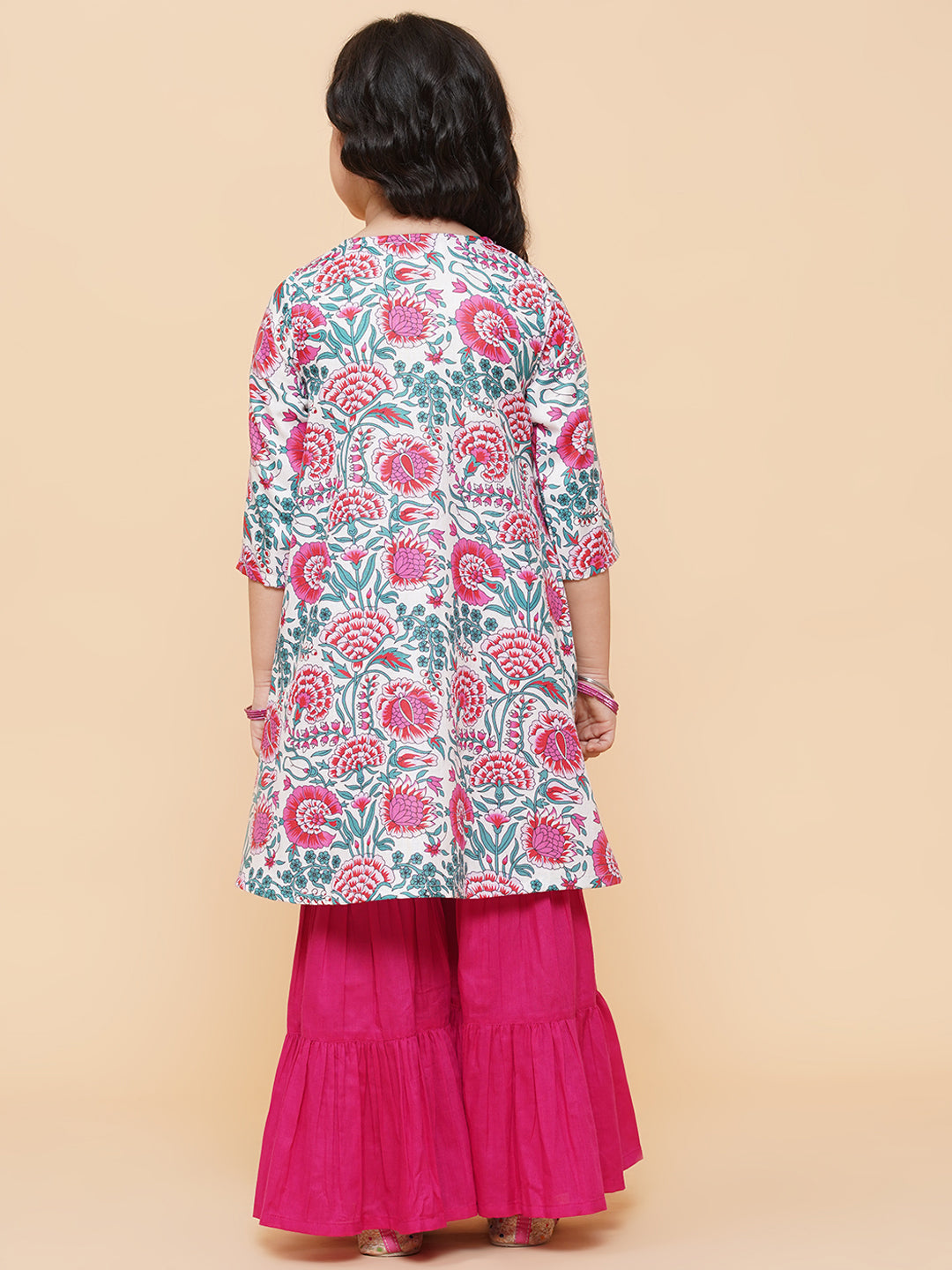 Girls White Floral Printed Kurta With Sharara for Kids - Bhama - Distacart